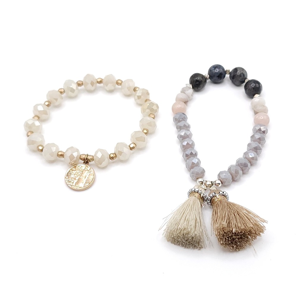 Handmade Beaded Stretch Bracelets Set of 2 Labradorite Tassel Coin Charm Boho
